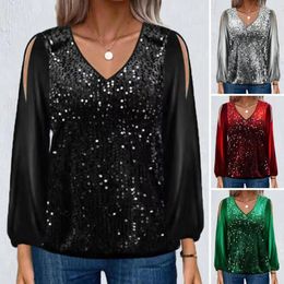 Women's Blouses Women T-shirt Sequin Patchwork V Neck Pullover For Hollow Out Lantern Sleeve Blouse Soft Breathable Spring Fall Top