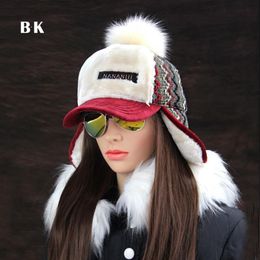 Winter Faux Cashmere Bomber Hat Women Earflap Caps Faux Fur Pompom Snow Hats Adjustable Bohemian Winter Russian Ushanka D19011503300C