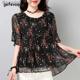 Women's T-Shirt Summer Top Oversized Floral Print Casual Fashion Chiffon Blouse Fe Flare Short Sle Loose All-match Pullover Shirt WomenL231208