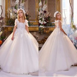 New Arrival 2024 Flower Girl Dresses Square Collar Tulle Sleeveless with Lace Applique Ball Gown Floor Length for Wedding Party