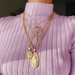 Pendant Necklaces Bohemian Multi layer Necklace for Women Vintage Coco Cross Lotus Virgin Mary Collar Choker Bead Chain Jewellery Gift 231208