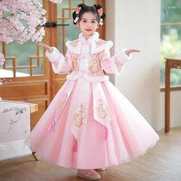 Girl Dresses Hanfu Princess Dress Winter Thick Qipao Fairy Kids Embroidery Chinese Year Clothing Greeting Vestidos