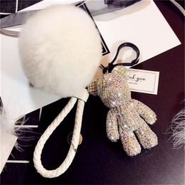 Bomgom Crystal Popobe Gloomy Bear Strass Keychain Car Key Holder Bag Charm Holder Fur Pom pom Leather Key Chain Key Ring Pendant 2262E