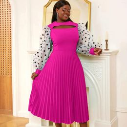 Casual Dresses Women Pleated Dress Patchwork Polka Dot Long Lantern Sleeve Cut Out Loose A Line Office Ladies Work Wear African Gowns