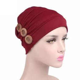 Turbano Scarf Cancer Hat Women Beanies Female Hats Ruffle Wind Red Bonnet Chimio Coton Turban Muslim Button #800192M