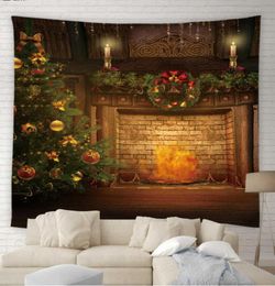 Merry Christmas Tapestry Background Wall Hanging Art Xmas Tree Wooden Window Brick Stove Living Room Bedroom Holiday Home Decor4322927