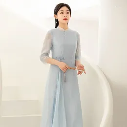 Ethnic Clothing Vintage Vietnam Traditional Ao Dai Dress Flower Print Chiffon Cheongsam Oriental Aodai Wedding Evening Qipao