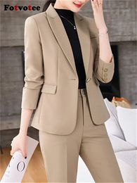 Women's Two Piece Pants Fotvotee Slim Office Ladies Sets Outifits 2023 Turn Down Collar Single Button Blazer Solid Casual Pant Suits 231207