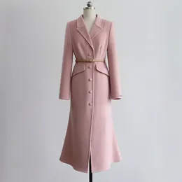 Casual Dresses 2023 Winter Korean Drama Leading Actress Elegant Fishtail Long Wool Double Faced Fleece Coat Pink