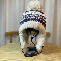 Trapper Hats Trendy jacquard knitted plush hats for women in autumn and winter skiing outings ear protection wool 231208