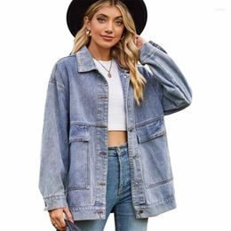 Women's Jackets Women Oversized Denims Jacket Distressed Lapel Button Up Long Sleeve Jean With Pocket Casual Jeans Trucker