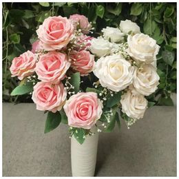 Decorative Flowers Wreaths 9 Head Camellia Rose Artificial Flower Holding Bouquets Party DIY Wedding Scene Display Room Home Decor Fake Floral Scrapbooking 231207