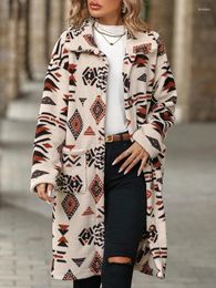 Women's Jackets Vintage Long Jacket Women Oversized Loose Lady Ethnic Style Geometric Print Coat Casual Single Breasted Fluffy Overcoat