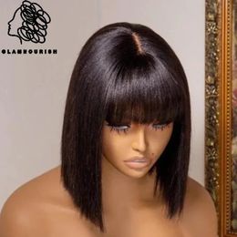 Synthetic Wigs Natural Scalp Short Bob Wig With Bangs Human Hair Lace Top Straight Bob Wig Brazilian Remy Hair 180% density Wig For Black Women 231207