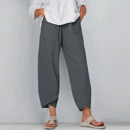 Women's Pants Women Cotton And Linen Elastic Waist Pant With Pocket Loose Harem Pure Colour Crop Simple Daily Super Comfy