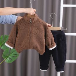 Clothing Sets Kids Clothes Winter Autumn Baby Boys and Girls Outfits Cartoon Plush Velvet Zipper Cardigan Coats Pants Childrens Warm Suit 231207