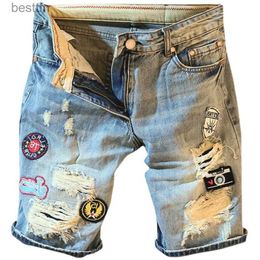 Men's Jeans Summer Casual Punk Style Luxury Ripped Washed Jeans Denim Shorts for Men with Slim Embroidery Patch Washed Jeans Shorts for MenL231209