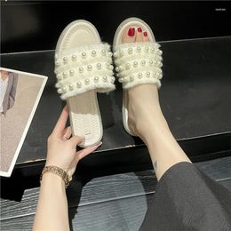 Slippers String Bead Women Summer Slides Shoes Fashion Med Pantofle Luxury Soft 2023 Flat Rubber PU Basic Female Ladies' S