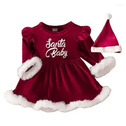 Clothing Sets Infant Baby Girl Christmas Santa Costume Outfit Contrast Color Long Sleeve Round Neck A-Line Romper Dress And Hat