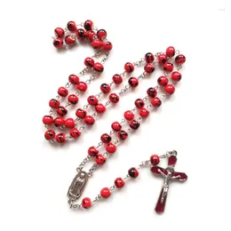 Pendant Necklaces QIGO Red Pattern Ceramic Rosary Cross Necklace For Catholic Prayrer Gift