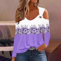 Women's Blouses Soft Stretchy T-shirt Flower Print Off-shoulder Blouse Breathable V Neck Top For Fall Spring Hollow Out Long Sleeve