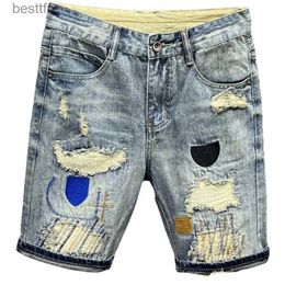 Men's Jeans New Arrival 2023 Summer Washed Men's Casual Denim Shorts Stylish Cat WhiskerCowboy Ripped Distressed Patched Skinny Short JeansL231209