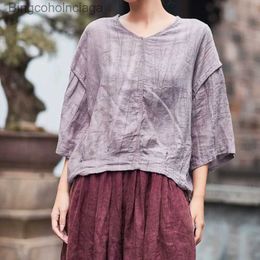 Women's T-Shirt NINI WONDERLAND 2023 Summer Do Old Ramie Casual Blouse Women V Neck Batwing Sle Loose Shirt Fe Vintage TopsL231208