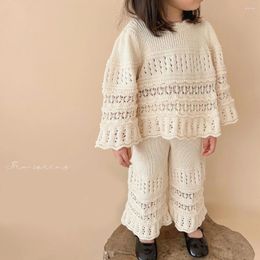 Clothing Sets Winter Autumn Girls Sweater Suit Floral Hollow Out Baby Cotton Knitted Tops Wide Leg Pants 2Pcs Kids Outfit Children