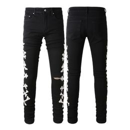 Men'sJeans Trendy brand jeans with distressed bone pattern patched with elastic blue skinny jeans