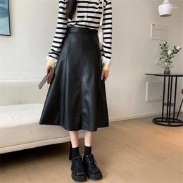 Skirts Drop Winter Soft Faux Leather Black Midi Skirt Women Korean Style High Waist A Line Luxury Elegant Office Clothes