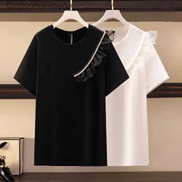 Women's T-Shirt 140Kg Plus Size Fashion Women's Ruffled Beaded Top Bust 145 Summer Loose Round Neck Short-Sled T-Shirt 4XL 5XL 6XL 7XL 8XLL231208