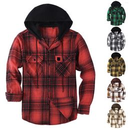 Men's Casual Shirts Mens Hooded Flannel Shirt Loose Long Sleeved Warm Plaid Cardigan Blouses Retro
