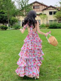 Casual Dresses Backless Bandage Halter V Neck Print Party Holiday Cake Dress Women 2023 Summer High Waisted Fairy Slip Long Boho Vestidos