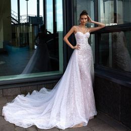 Sleeveless Detachable Exquisite Wedding Gown For Bride Sequins Lace Strapless Tulle Spaghetti 3D-Floral Appliques Trendy Lace-Up Backless