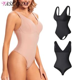 Women Sexy Thong Bodysuit Built In Bra Push Up Chest Smooth V Neck Body Shaper Tummy Control Slimming Backless Padded Shapewear