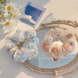 Hair Rubber Bands Organza Hair Tie Hair Rope Embroidery Flowers Mesh Scrunchies Ponytail Transparent Tulle Romantic Pink Blue Hair Accessories 231208