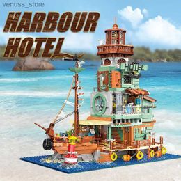 Blocks Creative Harbour Hotel Old Fishing House Ship Model Building Blocks Street View Lighthouse Houseboat With Light Mini Bricks Toys R231208