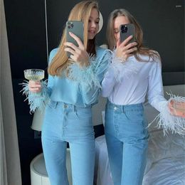 Women's T Shirts Women Long Sleeve Feather Crewneck Casual Basic Crop Top Fur Trim Blouse Elegant Spring Tee Pullovers