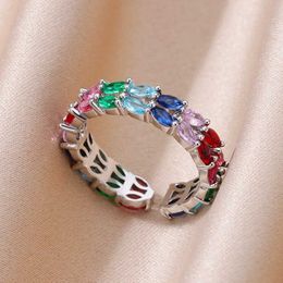 Wedding Rings Colourful Zircon Double Layer Leaf Rings For Women Stainless Steel Adjustable Openning Ring Ladies Accessories Jewellery Gift BFF