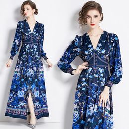 Lady Temperament Dress Long Sleeve Palace Printed Long Dress 2024 Spring Autumn Maxi Dress High-end Noble Women Floral V-neck Dresses Party Runway Dresses