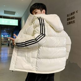 Winter striped men's white duck down jacket, men's thick hooded down jacket, Hong Kong style youth jacket, warm jacket