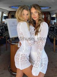 Basic Casual Dresses Tinastyle Crochet Knitted Sexy Summer Beach Dress Women V Neck See Through Sweater Dresses Solid Long Sleeve Casual Bikini wear J231208