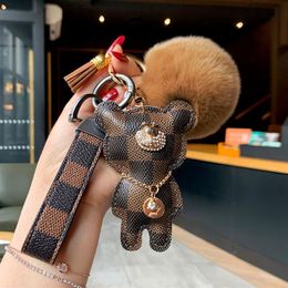 Designer keychain bear leather fur ball charm key chain car pendant metal fashion personality creative couple checkered variety of298m