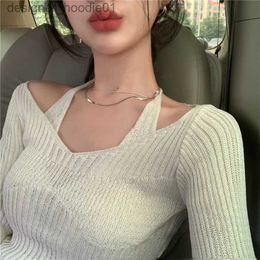 Women's Tanks Camis Korean Style Fake Two-Piece Halter White Sweater T-shirt Women's Autumn 2023 New Long Sle Slim Tight Bottoming Sweater Tops L231208