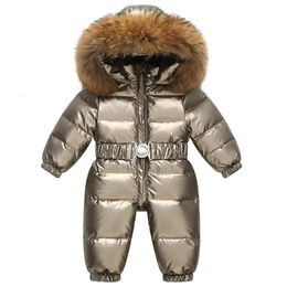 Rompers Russia Winter Kids Snowsuit Shiny Gold Silver Outdoor Duck Down Big Fur Collar Outerwear Toddler Baby Overall Jumpsuit 231207