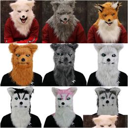 Party Masks Movable Mouth Animal Head Mask Plush Dog Wolf Orangutan Faux Fur Suit Halloween Costumes Prop Cosplay Supplies Drop Deli Oty7K