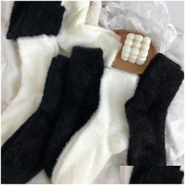 Socks Hosiery Women Mink Veet For And Men Autumn Winter Thicken Thermal Coral Sleep Plush Floor Black White Underwear Drop Delivery Ap Otc8N