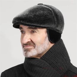 Berets Standard Logistics Winter Faux Fur Sboy Hat With Earflaps Beret Dad Warm Hats For Old Men Flat Cap3027