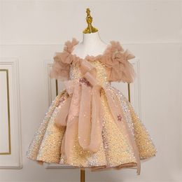 Girl s Dresses Children Prom Dress ChicTulle Off The Shoulder Gold Sequined Princess Kids Girls Party Performance Costume Ball Gown2023 231207