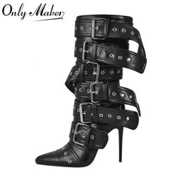 Boots Onlymaker Women Pointed Toe Mid Calf Buckle Strap Thin High Heel Lady Zipper Female Stiletto 231208